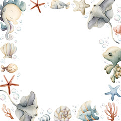 Sea Animal Plant Frame. Cute seahorse stingray turtle fish shell starfish seaweed coral. Watercolor summer illustration