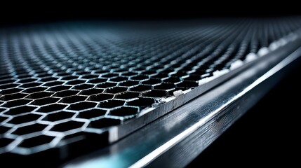 Close-up view of a metallic honeycomb grid structure.