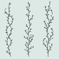 Hand drawn wild flowers Botanical drawing. Simple line art frieze, stems illustration. Black and White Meadow herbs. Stylized blooming twigs plants. Set of outline doodle floral sketch Leaves border