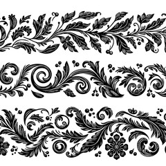 Hand drawn wild flowers Botanical drawing. Simple line art frieze, stems illustration. Black and White Meadow herbs. Stylized blooming twigs plants. Set of outline doodle floral sketch Leaves border