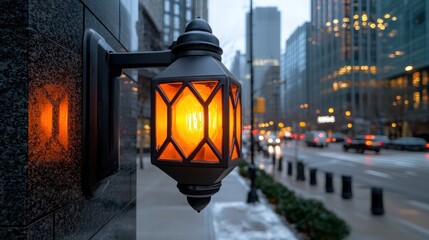 A city street illuminated by vintage gas lamps