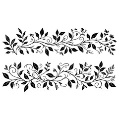 Hand drawn wild flowers Botanical drawing. Simple line art frieze, stems illustration. Black and White Meadow herbs. Stylized blooming twigs plants. Set of outline doodle floral sketch Leaves border
