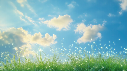 Obraz premium serene landscape featuring lush green grass under bright blue sky with fluffy clouds, evoking sense of peace and tranquility