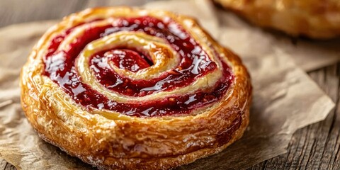 Fototapeta premium a raspberry Danish swirl with glossy raspberry jam in the center, topped with a light icing glaze