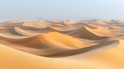 Vast desert landscape of golden dunes under a pale sky