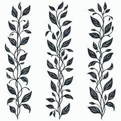 Hand drawn wild flowers Botanical drawing. Simple line art frieze, stems illustration. Black and White Meadow herbs. Stylized blooming twigs plants. Set of outline doodle floral sketch Leaves border
