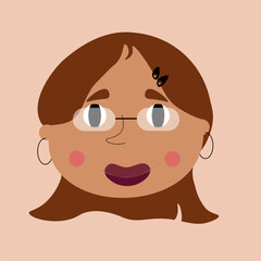 vector cute cartoon girl with glasses and brown hair with beige background