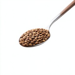 Spoonful of lentils seen close up isolated on white background