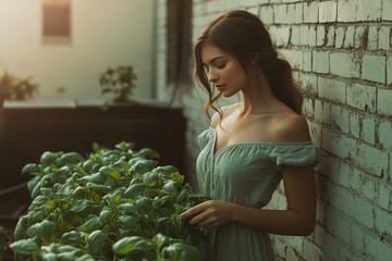 Obraz premium A young woman in a sage green dress examines a thriving basil garden against a weathered brick wall in the warm evening light.