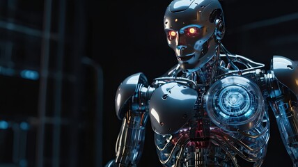Naklejka premium Intimidating Metallic Robot with Glowing Red Eyes - Science Fiction