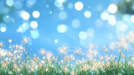 Fototapeta premium serene landscape featuring delicate flowers with sparkling details against soft blue background, evoking sense of tranquility and beauty