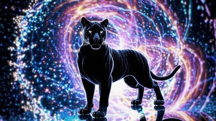 Majestic black panther standing against swirling cosmic energy background conveys power mystery beauty surrealism and spiritual symbolism wild nature
