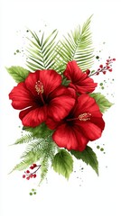 Vibrant Red Hibiscus Flowers with Tropical Leaves