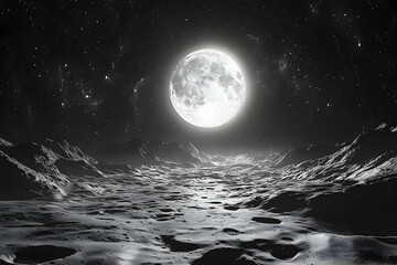 Majestic lunar landscape, illuminated by a luminous full moon.