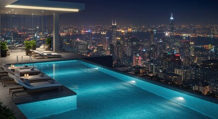 Obraz premium Rooftop Infinity Pool at Night with City View