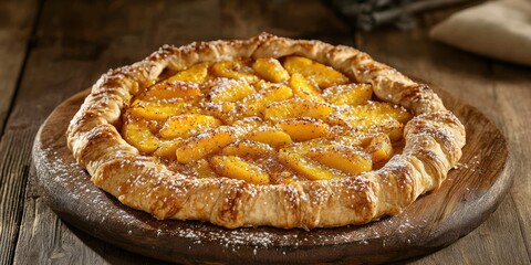 A rustic peach galette with golden, flaky puff pastry, sliced peaches, and a light dusting of powdered sugar, served on a wooden board