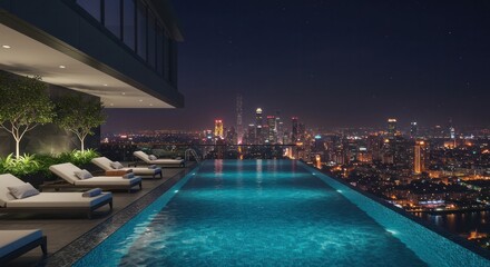 Obraz premium Rooftop Infinity Pool with City Skyline Night View