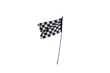Classic racing-style flag with black and white squares, fluttering dramatically, isolated on a transparent background