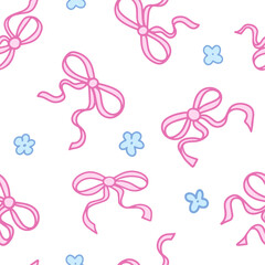Coquette seamless pattern Pink Ribbon Bow with Blue Daisy. Pretty Girly bows and flowers on white background. Trendy feminine romantic art for greeting cards, fabric, wrapping. Vector Illustration.