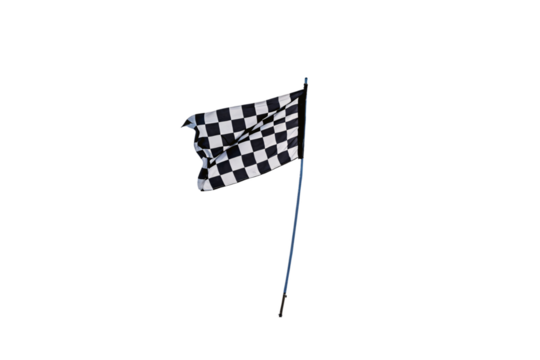 Classic racing-style flag with black and white squares, fluttering dramatically, isolated on a transparent background