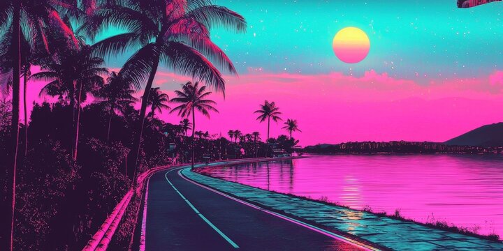 Combining elements of graphic art with a surreal portrayal of tropical Florida in a synthwave style.