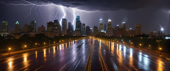 Vibrant lightning storms illuminating urban skylines with dazzling flashes reflecting wet roads and tall buildings