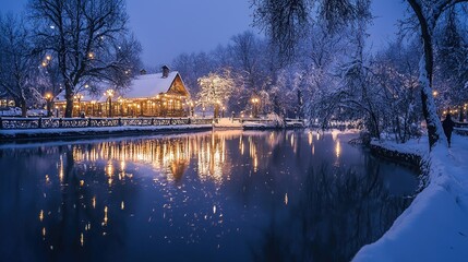 Fototapeta premium A serene winter evening scene of a snowy riverside chalet.
