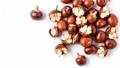 Obraz premium Peeled and whole roasted chestnuts scattered on white background, isolated food composition perfect for seasonal snack concepts and culinary presentations