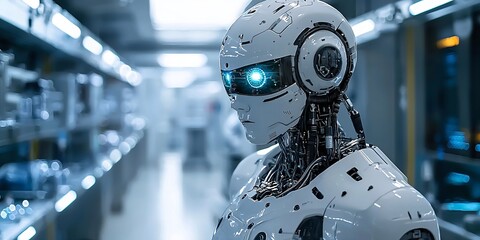 Fototapeta premium Futuristic robot with glowing eyes standing in a dimly lit high-tech hallway of a modern building