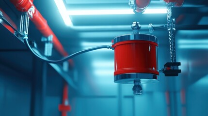 Brake fluid reservoir connected to hydraulic lines with a clear view of brake line routing