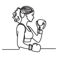 Silhouette Continuous Line Drawing of Woman Boxer Getting Ready