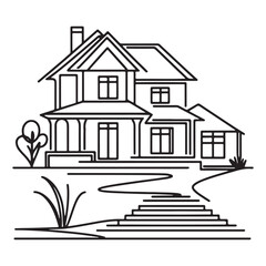 Classic Two Story House Illustration with Landscaping and Pathway Design