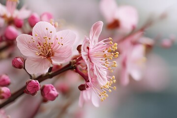 Fototapeta premium A beautiful macro photograph of a light pink flowering plant, capturing delicate petals and soft hues.