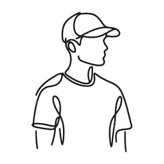Minimalist Outline Drawing of Young Man Wearing Baseball Cap Vector