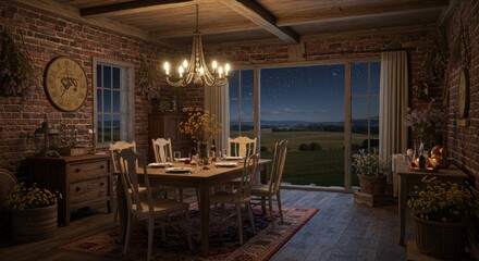 Fototapeta premium Rustic Dining Room at Night with Countryside View