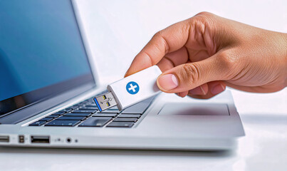 hand inserts USB drive into laptop symbolizing cybersecurity in healthcare