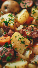 Obraz premium Vertical close-up of Erbsensuppe with potatoes, carrots, sausage, and creamy texture