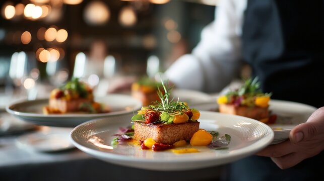 Elegant plated appetizer presented by a waiter in a fine dining restaurant setting.