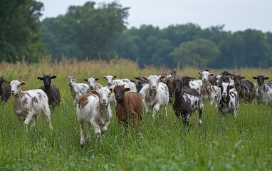 A herd of goats with mixed coloration run together through a grassy field toward the camera