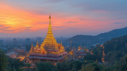 Fototapeta premium Golden temple glows against vibrant sunset sky, blending with city lights and nature's embrace