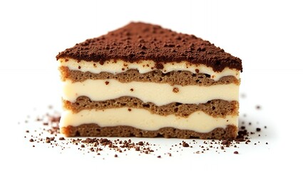 Tiramisu slice with cocoa dusting served chilled and creamy isolated on white background for dessert