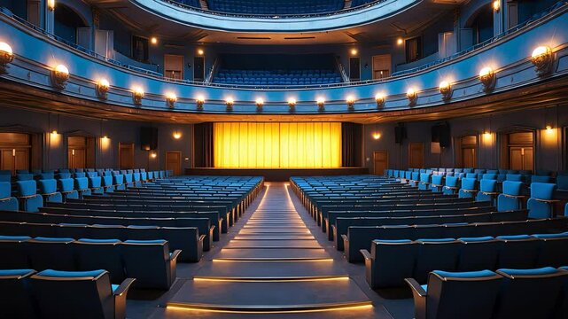 Empty luxury theater with rows of seats facing a golden stage curtain, illuminated by soft lighting, creating an elegant, inviting ambiance.

