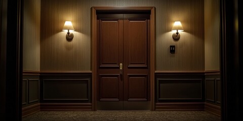 Aesthetic interior view of hotel room door and hall.