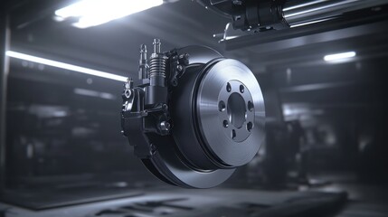 Fototapeta premium Detailed view of the caliper gripping the brake disc on a clean suspension assembly