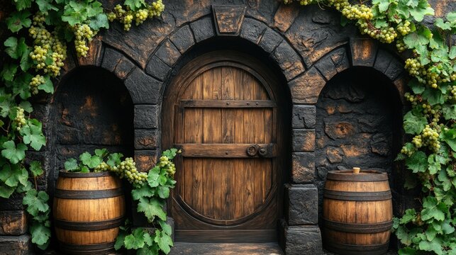 Rustic wine cellar entrance grapes cascading around stone arches and barrels