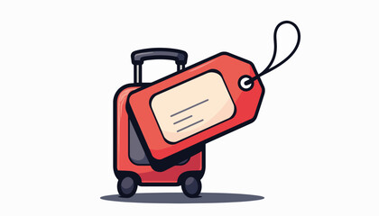 Vibrant luggage tag attached to geometric suitcase, travel essentials