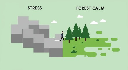 Naklejka premium Stress vs Forest Calm: Man Transitioning to Nature Therapy Illustration