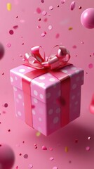 Fototapeta premium Pink gift box with red ribbon and confetti