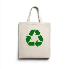 Tote with recycle symbol graphic on white background