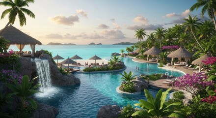 Fototapeta premium Tranquil Tropical Resort Pool and Beach at Sunset